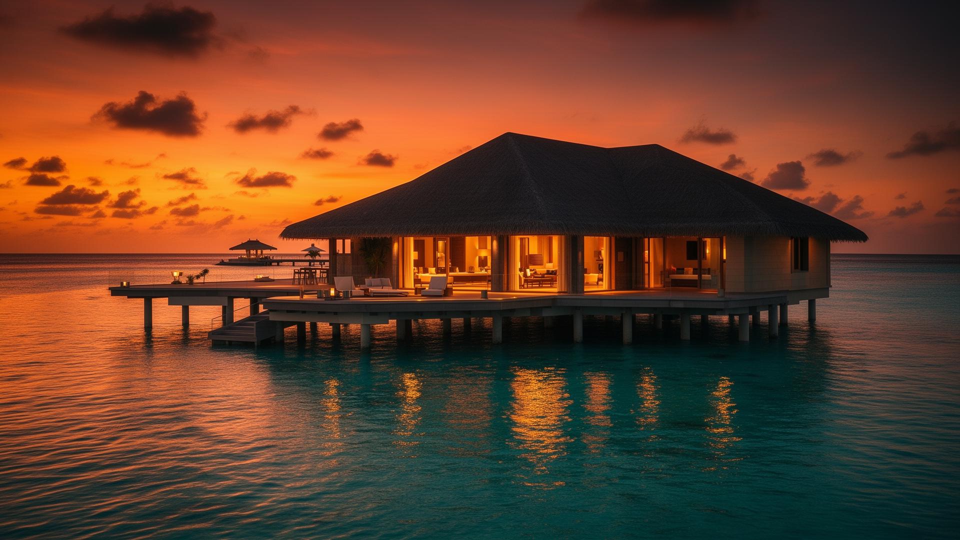 Overwater villa at sunset